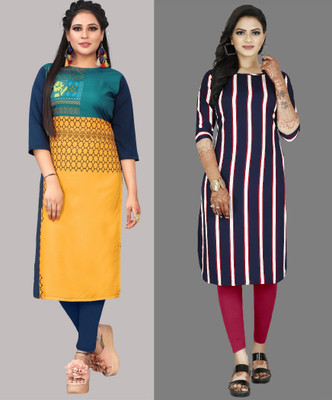 Hiral Creation Women Striped, Printed A-line Kurta(Yellow, Purple)