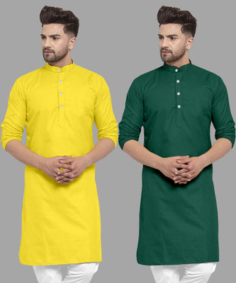 FASHIONFRICKSS Men Solid Straight Kurta(Green, Yellow)