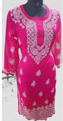 KKHENTPRS Women Chikan Embroidery Ethnic Dress Kurta(Pink)