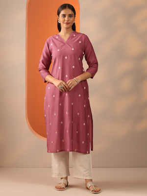 LIBAS Women Embroidered Straight Kurta(Purple)