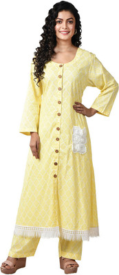 Gunjans Women Chikan Embroidery A-line Kurta(Yellow)