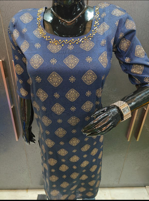 Banaras silk palace Women Printed A-line Kurta(Dark Blue)