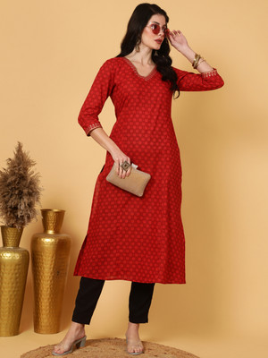Gulmohar Jaipur Women Printed Straight Kurta(Red)