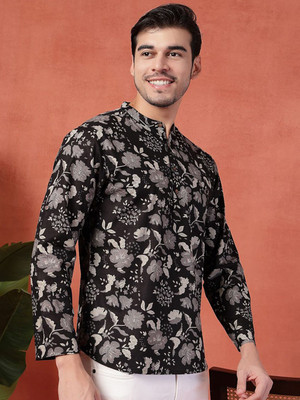 Sangria Men Printed Straight Kurta(Black)