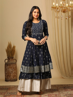 Globus Women Embroidered Anarkali Kurta(Blue)
