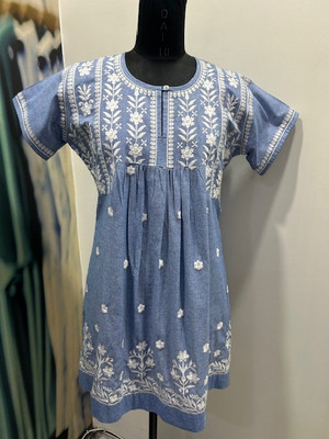 LEEZA Women Embroidered A-line Kurta(Light Blue)