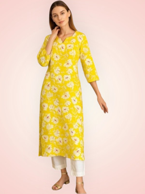 HindustaniLihaj Women Printed Straight Kurta(Yellow)
