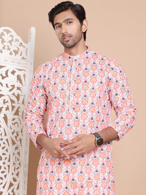 Jompers Men Printed Straight Kurta(Orange)