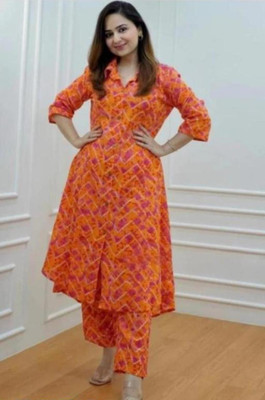 hustiger Women Printed A-line Kurta(Orange)