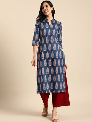 ANOUK Women Embroidered Straight Kurta(Blue)