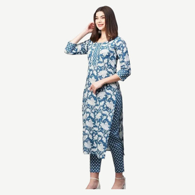 HouseOfCommon Women Woven Design Straight Kurta(Blue)