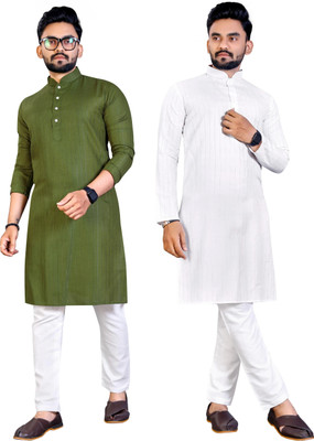 JENZEE Men Striped Straight Kurta(Green, White)