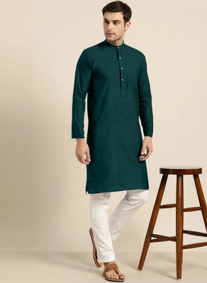 krishu Men Solid Straight Kurta(Green)