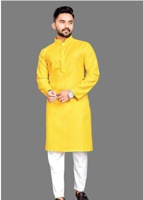 Shivgarmets Men Striped, Solid A-line Kurta(Yellow)