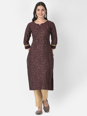 Span Women Self Design Straight Kurta(Brown, Gold)