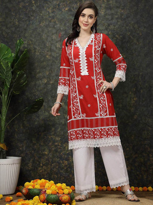 PLUSS Women Printed A-line Kurta(Red)
