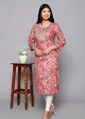 krika Women Floral Print A-line Kurta(Pink)