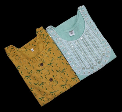 ALISHA CREATIONS Women Printed, Self Design, Embroidered A-line Kurta(Yellow, Light Green)
