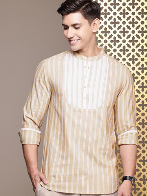 House of Pataudi Men Striped Straight Kurta(Beige)