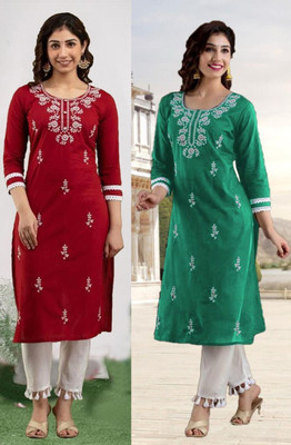 vikshi Women Chikan Embroidery Straight Kurta(Multicolor)