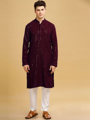 ANOUK Men Abstract Straight Kurta(Maroon)