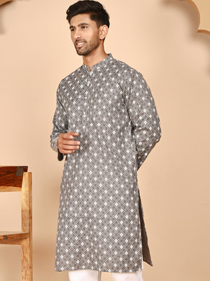 Anouk Rustic Men Printed Straight Kurta(Grey)
