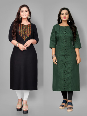 Hetsa Women Embroidered A-line Kurta(Black, Green)