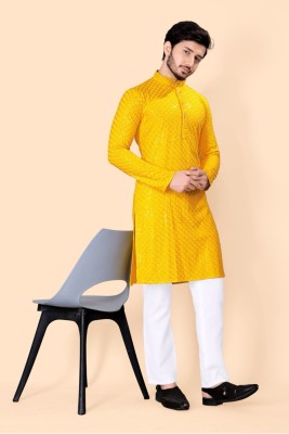 Shree Dutt Creation Men Chikan Embroidery Straight Kurta(Yellow)