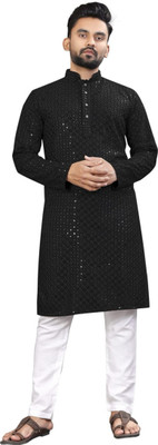 StoneHeart Men Chikan Embroidery Straight Kurta(Black)