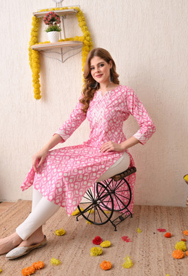 NEELKANTH TRENDS Women Printed A-line Kurta(Pink, White)