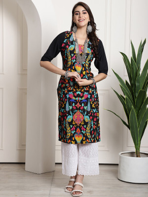 EthnicBasket Women Printed Straight Kurta(Black)