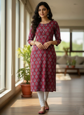 Kurtiking Women Floral Print Straight Kurta(Pink)