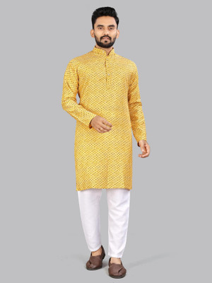 allan peter Men Printed Straight Kurta(Yellow)