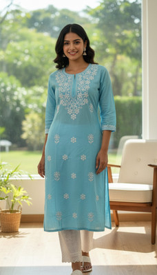 Fashionkart Women Embroidered, Chikan Embroidery, Floral Print, Solid Straight Kurta(Light Blue)