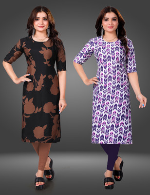YATKSH Women Printed Straight Kurta(Purple)