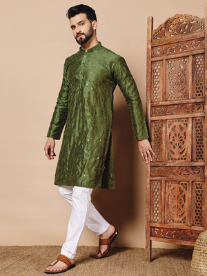 CHIRASVI Men Embellished Straight Kurta(Green)