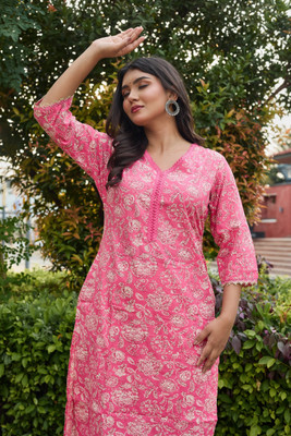 Tabeedah Women Printed A-line Kurta(Pink)