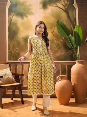 Sangria Women Geometric Print, Printed A-line Kurta(Yellow)