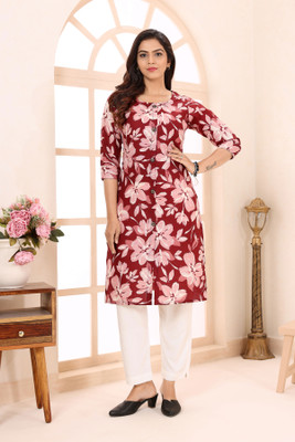 Keshubaba Women Printed Straight Kurta(Maroon, Pink)