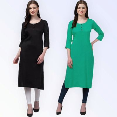 Coft Women Solid Straight Kurta(Green, Black)