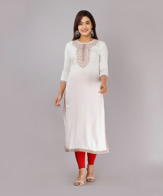 STYLE ANGEL Women Embroidered Straight Kurta(White)