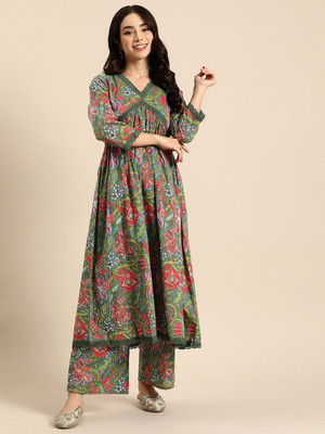 ANOUK Women Floral Print Straight Kurta(Green)