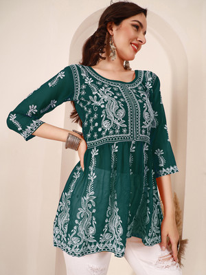HERE&NOW Women Chikan Embroidery Flared Kurta(Green, White)