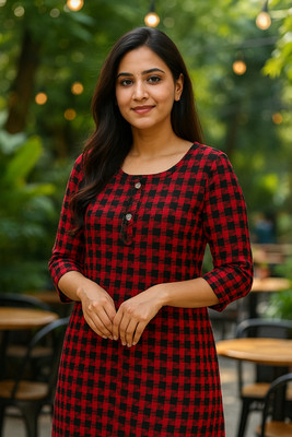 HAPPY.LIFE Women Checkered Straight Kurta(Maroon, Black, Grey)