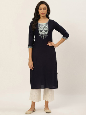 ANOUK Women Embroidered Straight Kurta(Blue)