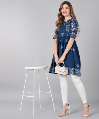 INDI INSIDE Women Block Print Flared Kurta(Blue)