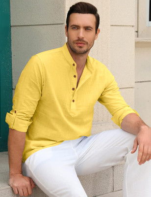 Fifth U Men Self Design Straight Kurta(Yellow)