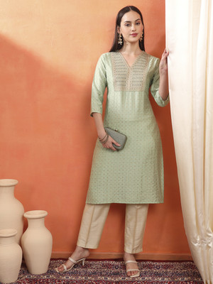 Span Women Embroidered Straight Kurta(Green)