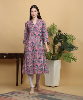 Myaza Women Floral Print Flared Kurta(Pink)