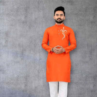 Mamta Biswas Men Printed Straight Kurta(Orange)